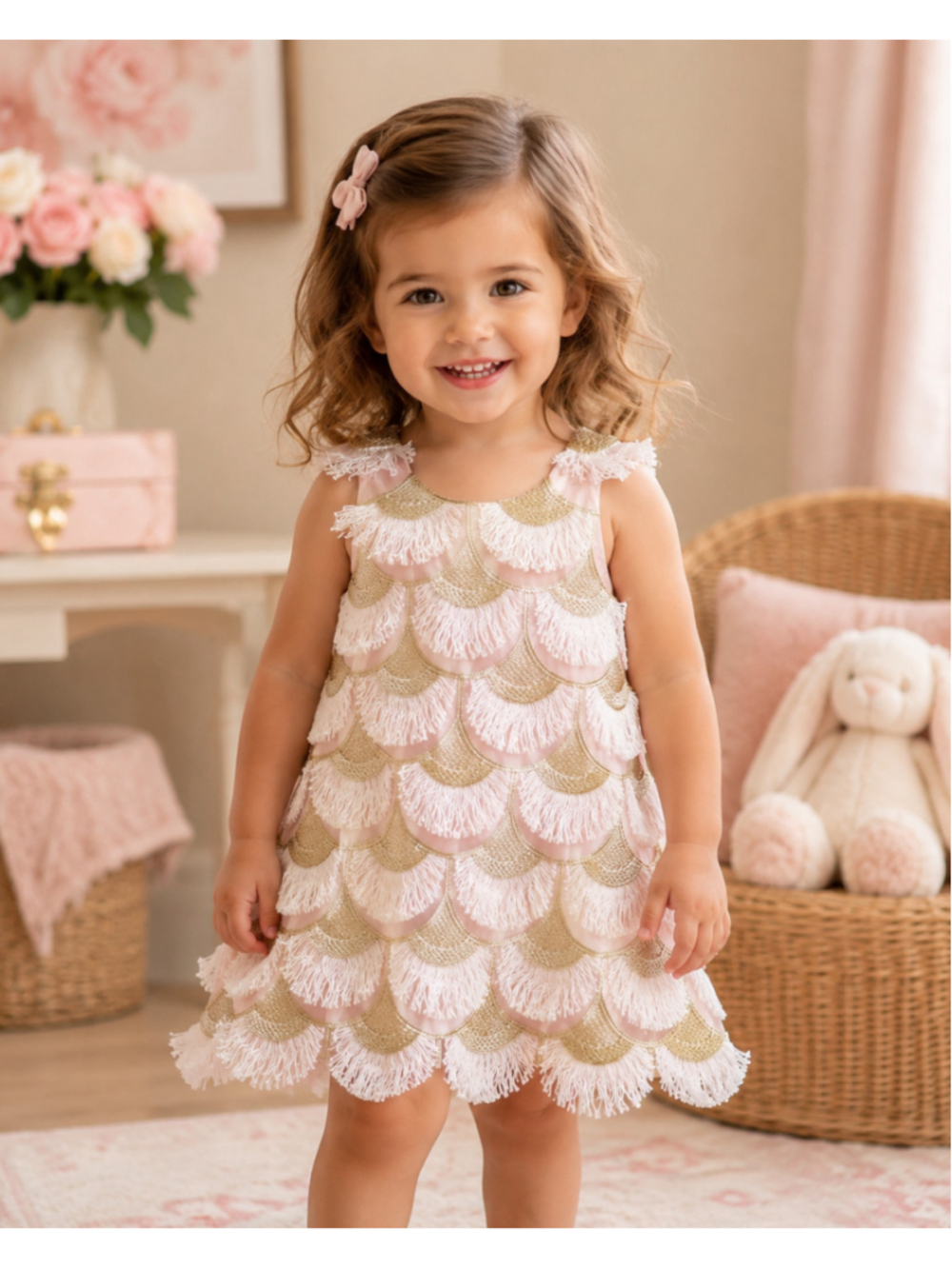 Girls Genuine Kids OshKosh Formal Dress 2T Pink Gold Fringe Scalloped